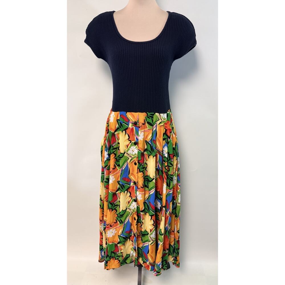 Vintage 90s Midi‎ Dress Whimsical Boho Colorful Sz 10 USA Button Front 1990s